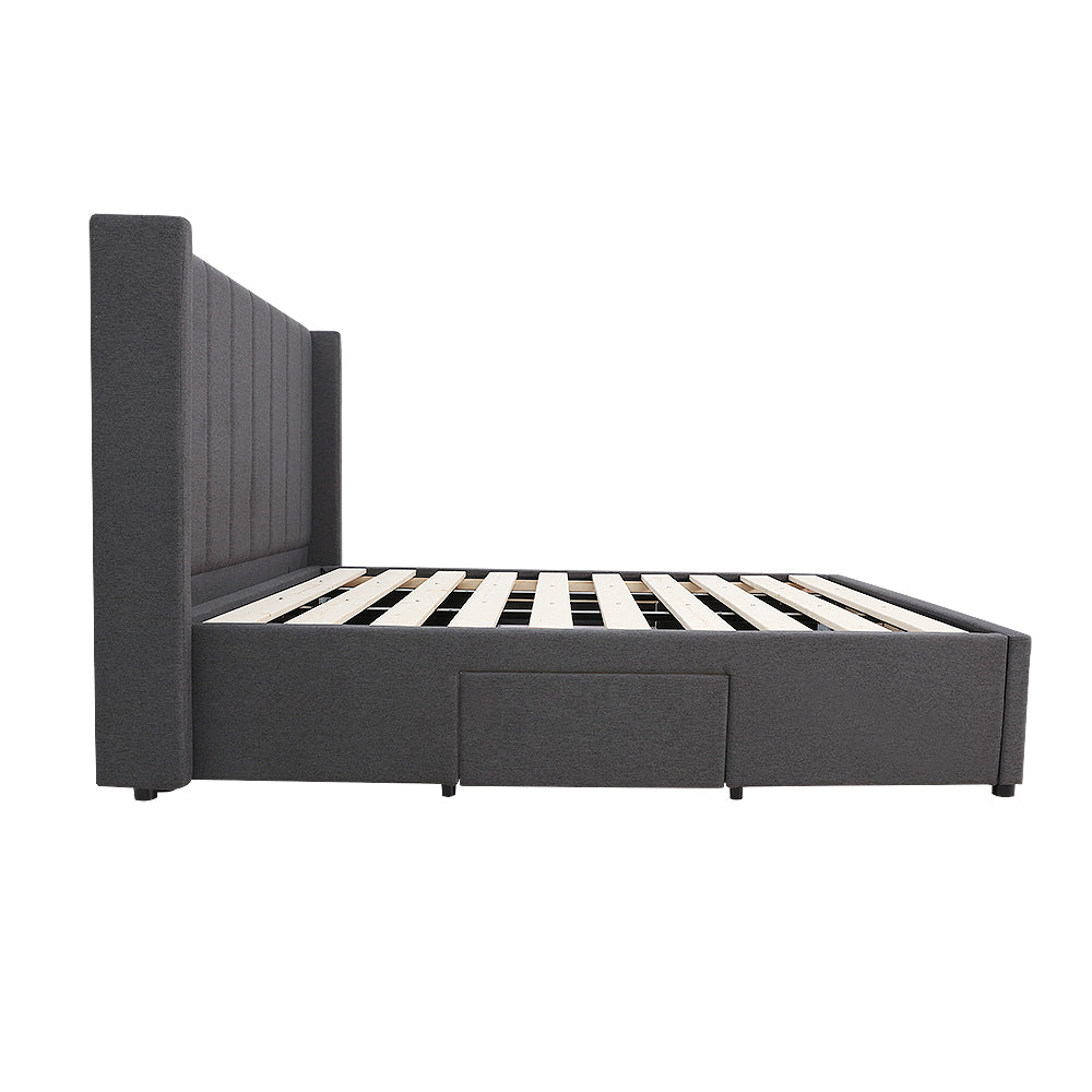 Modern Headboard with Wings Upholstered Storage Bed Frame - Super King - Charcoal