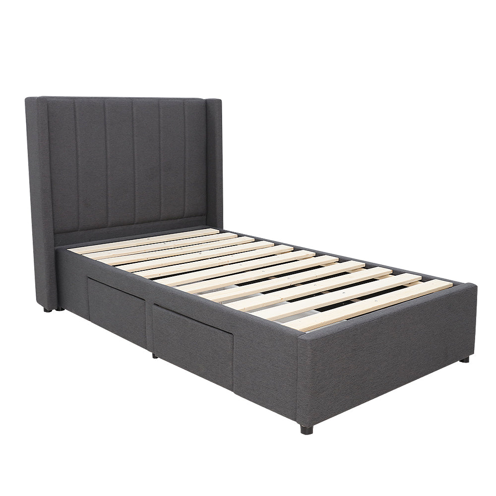 Modern Headboard with Wings Upholstered Storage Bed Frame - King Single - Charcoal