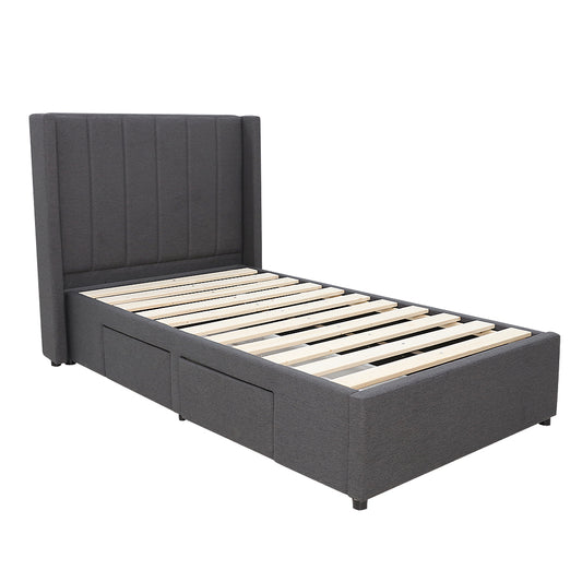 Modern Headboard with Wings Upholstered Storage Bed Frame - King Single - Charcoal