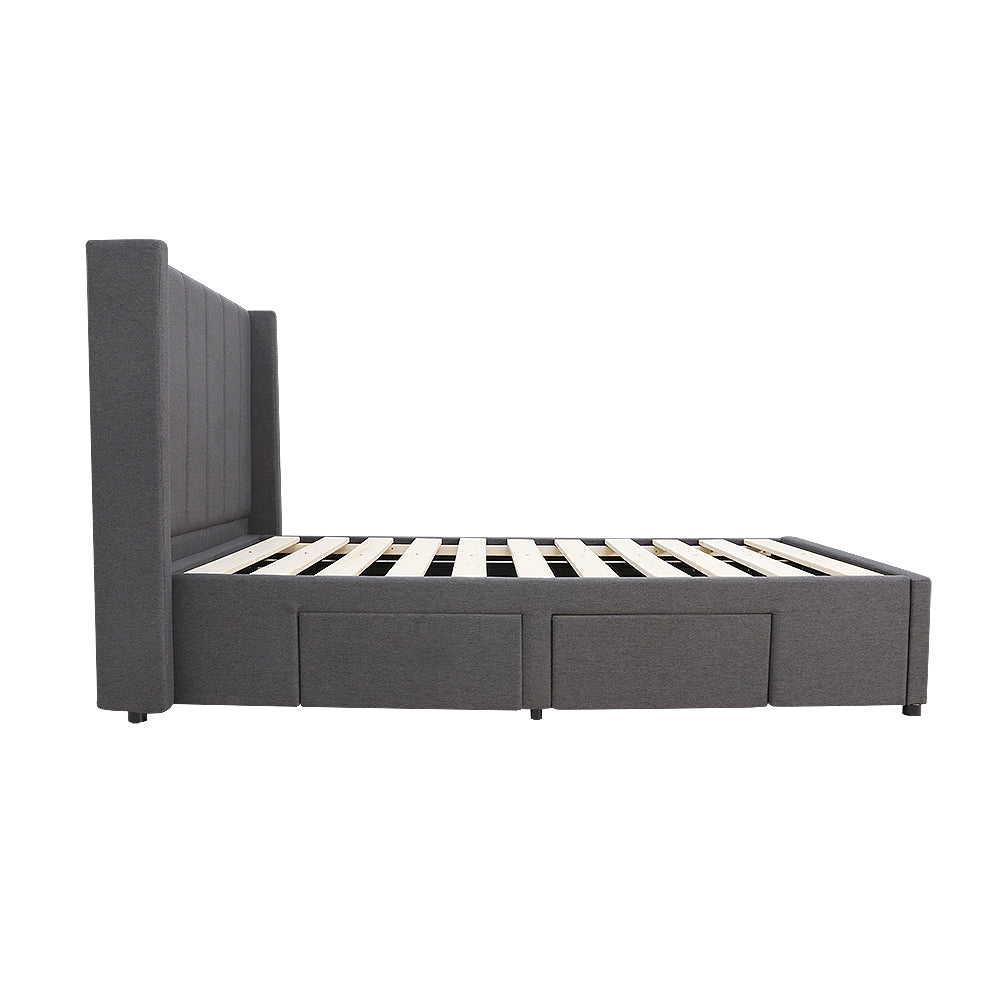 Modern Headboard with Wings Upholstered Storage Bed Frame - King Single - Charcoal