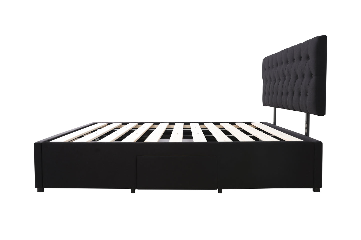 Adjustable Button Headboard with 3 Drawers Bed Frame - Queen - Black