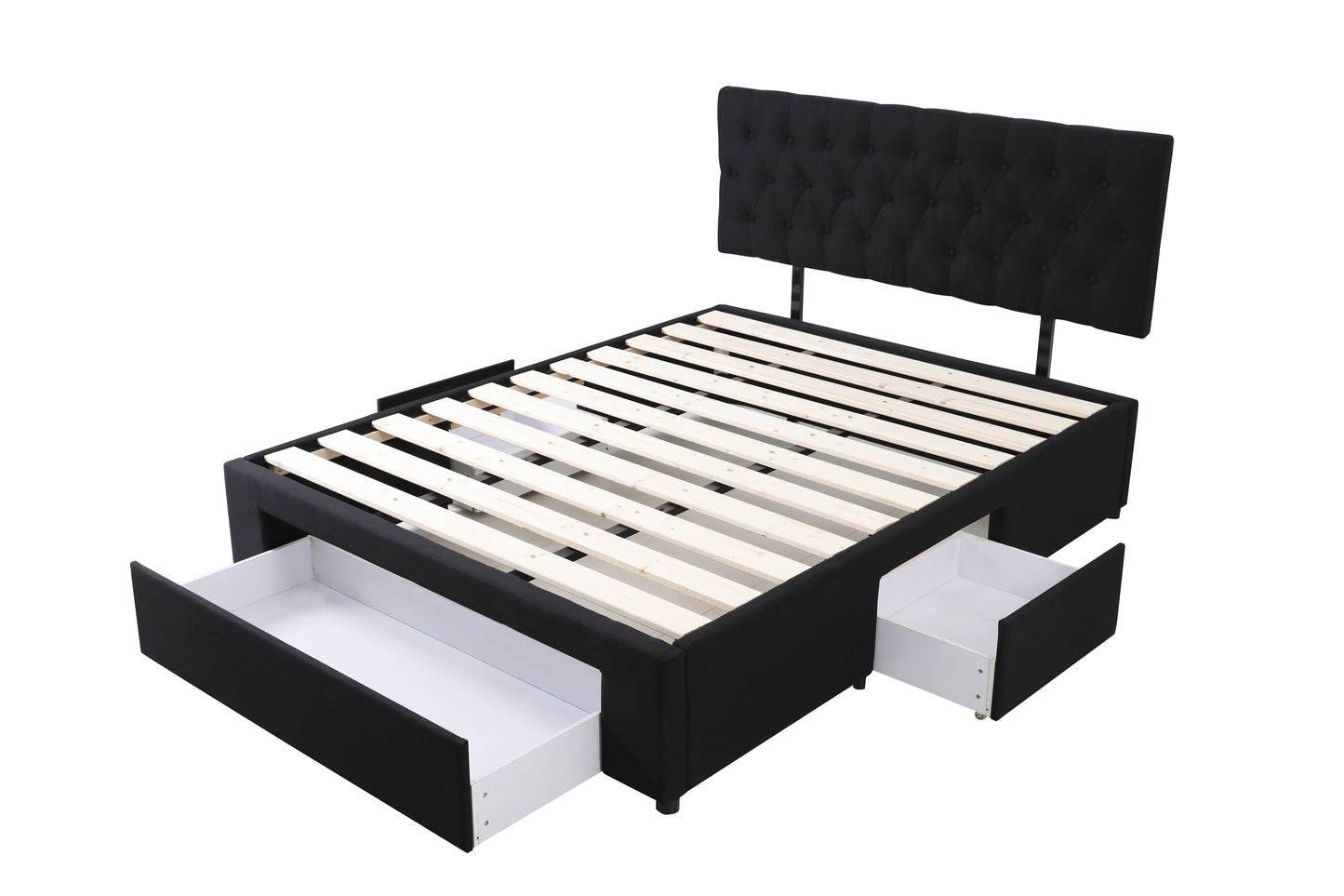 Adjustable Button Headboard with 3 Drawers Bed Frame - Queen - Black