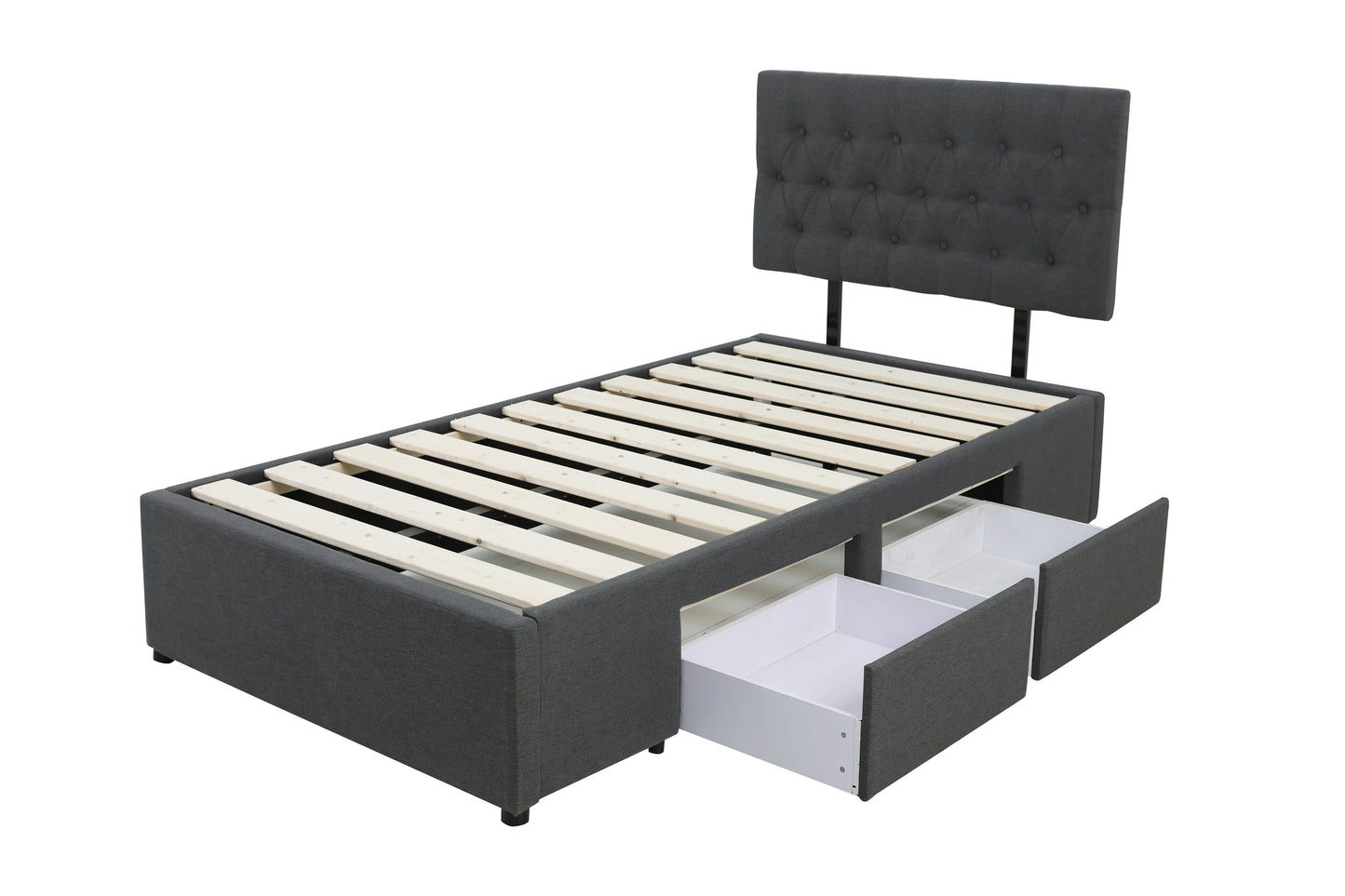 Adjustable Button Headboard with 2 Drawers Bed Frame - King Single - Charcoal