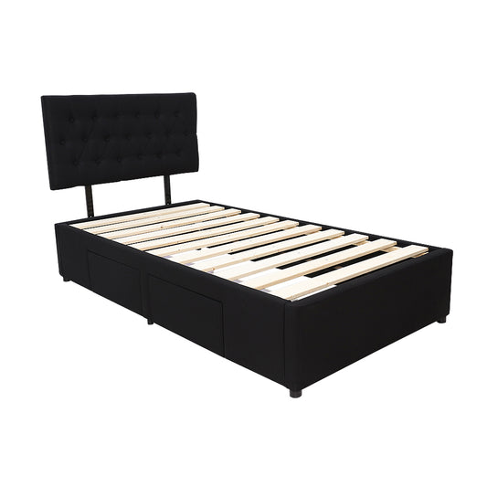 Adjustable Button Headboard with 2 Drawers Bed Frame - King Single - Black