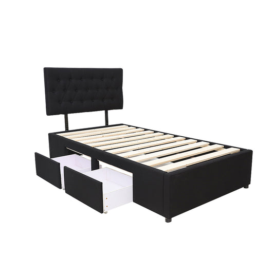 Adjustable Button Headboard with 2 Drawers Bed Frame - King Single - Black