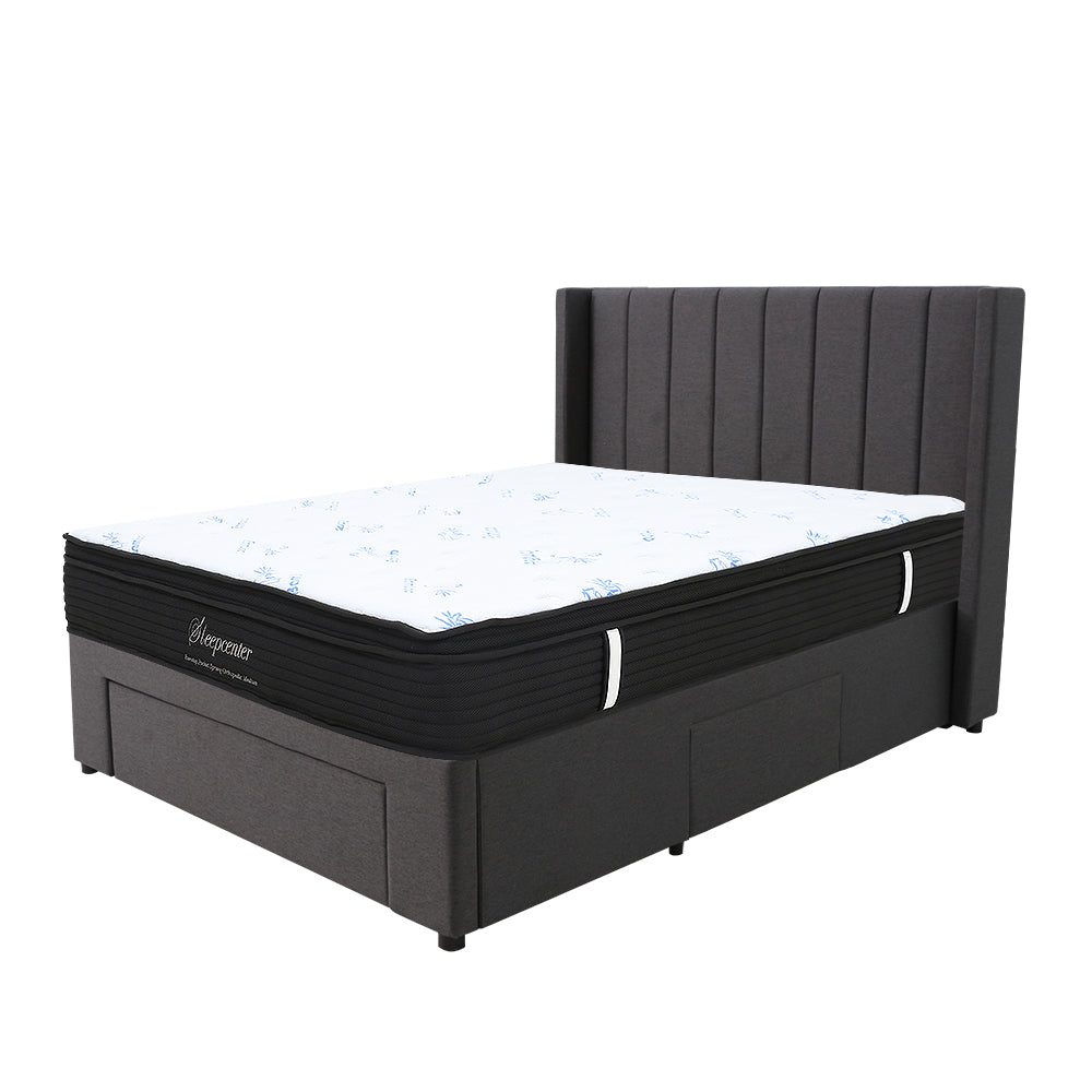 King Euro Top 5 Zone Pocket Spring Mattress & Modern Winged Channel-Tufted 3-Drawer Storage Bed Frame Combo