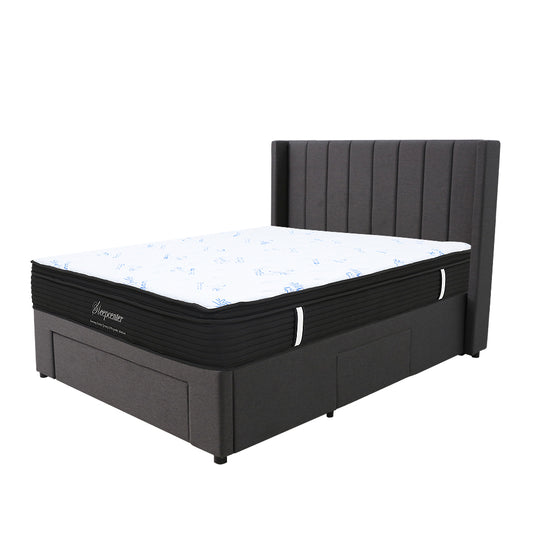 Queen Euro Top 5 Zone Pocket Spring Mattress & Modern Winged Channel-Tufted 3-Drawer Storage Bed Frame Combo