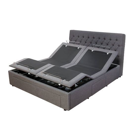 Electrical Adjustable Bed Base With Deluxe Buttoned Storage Bed Frame - Super King - Charcoal