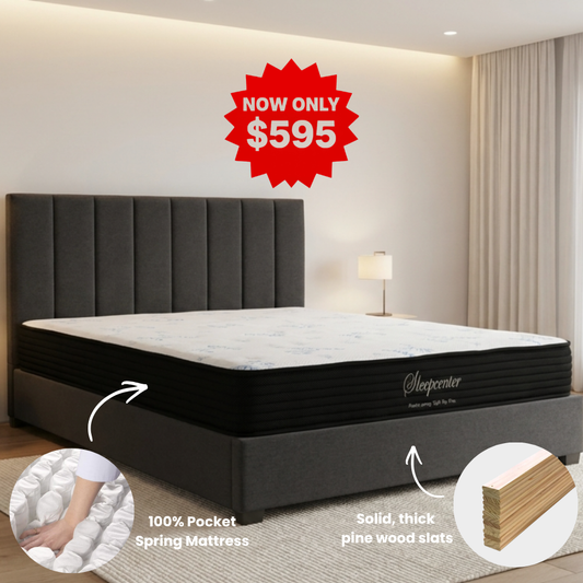 Queen Tight Top 5 Zone Pocket Spring Mattress & Bed frame with Modern head board Combo