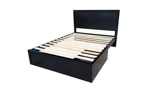 Taranaki Classic Headboard Solid Pine Bed Frame - Queen - Black (One underbed drawer included)