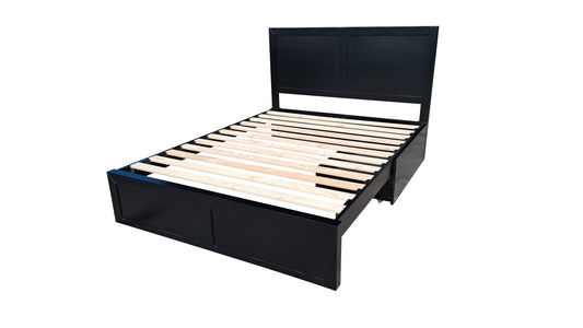 Taranaki Classic Headboard Solid Pine Bed Frame - Queen - Black (One underbed drawer included)