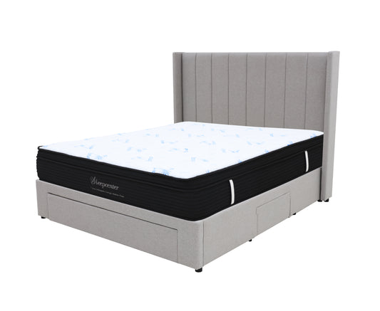 Queen Euro Top 5 Zone Pocket Spring Mattress & Modern Winged Channel-Tufted 3-Drawer Storage Bed Frame Combo