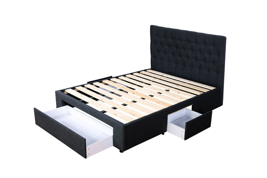 Button Headboard with 3 Drawers Bed Frame - Queen - Black