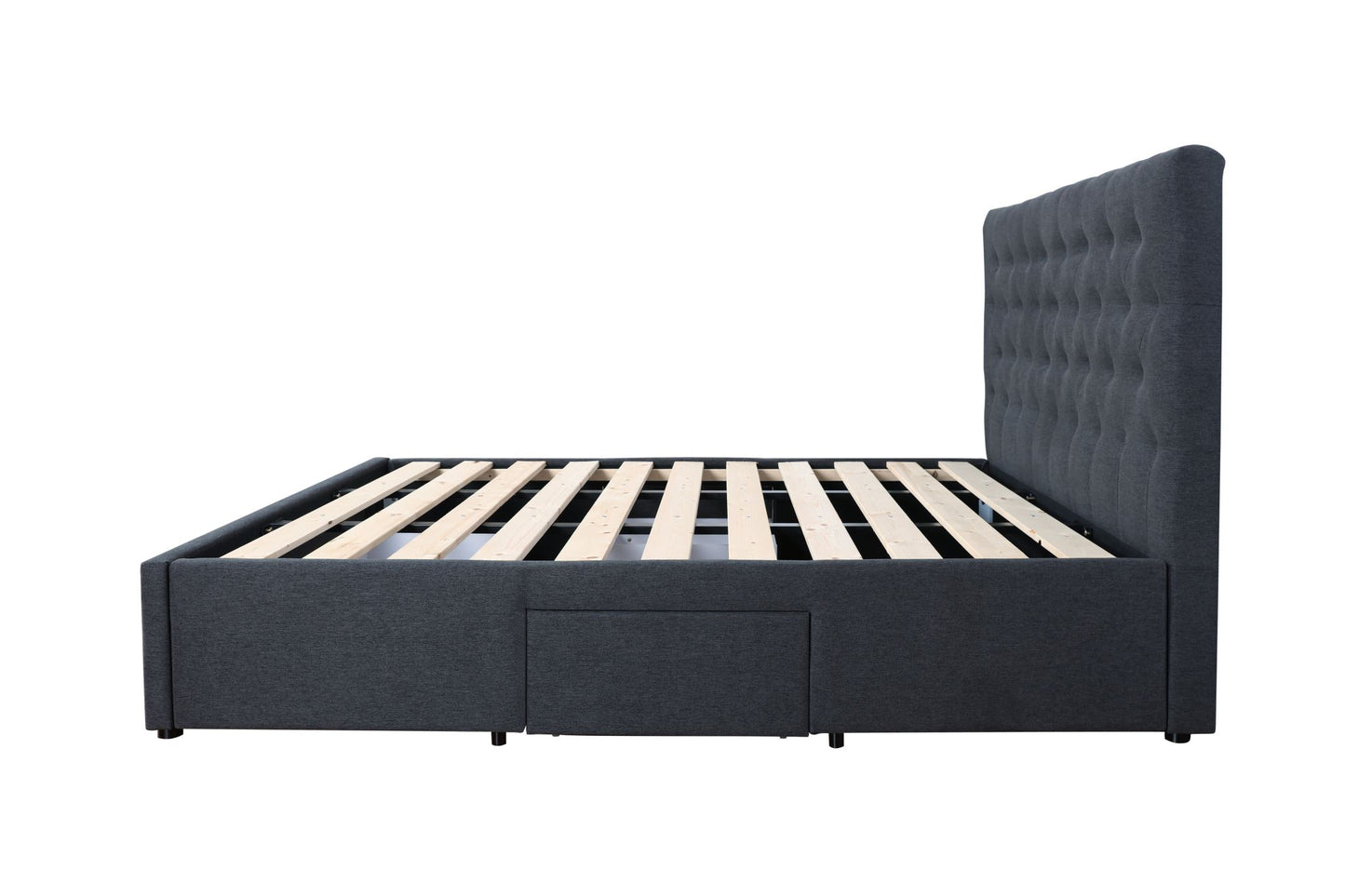 Button Headboard with 3 Drawers Bed Frame - King - Charcoal